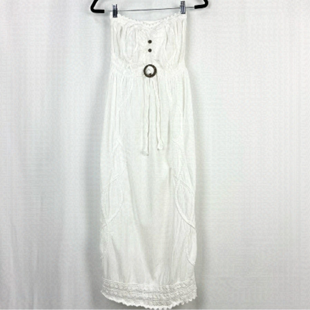 Strapless Cotton/Linen BOHO Midi Dress with Lace